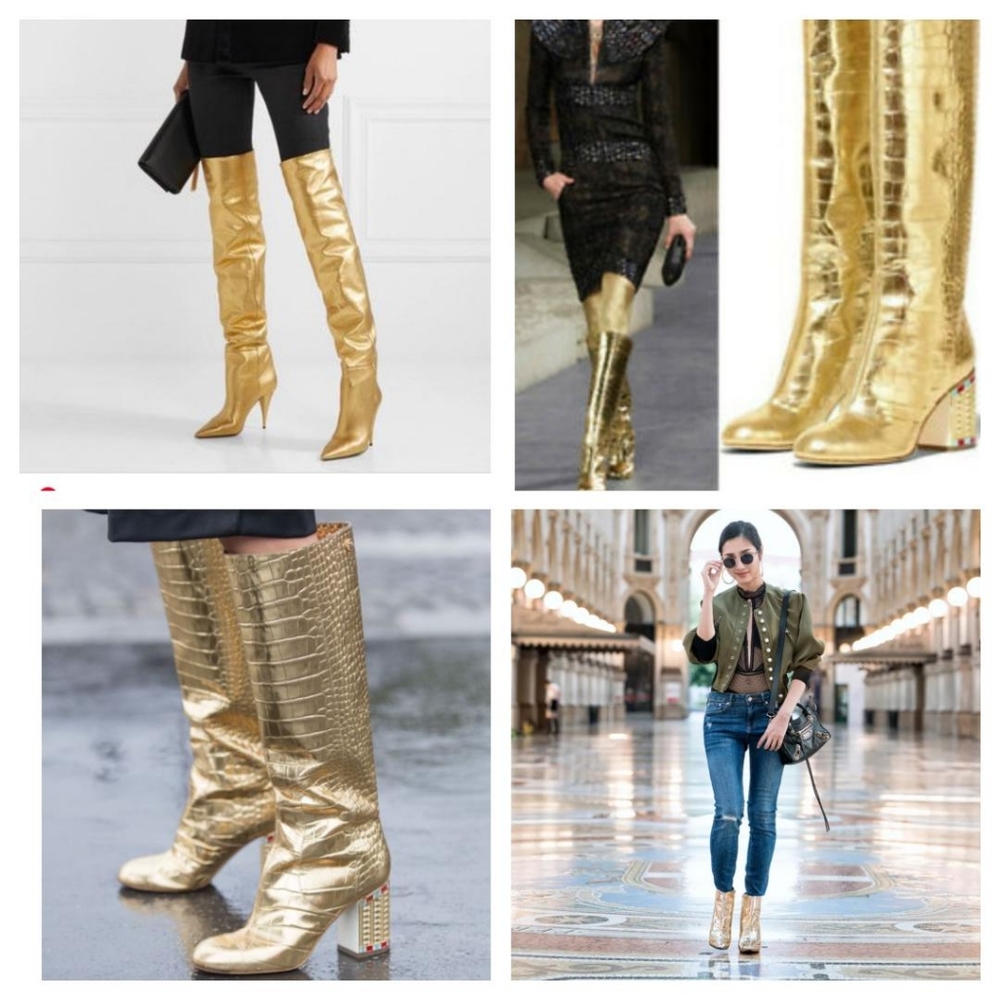 Zara NWT 38 7.5 Gold metallic patent leather boots cowboy heels patent barbie - Picture 13 of 13